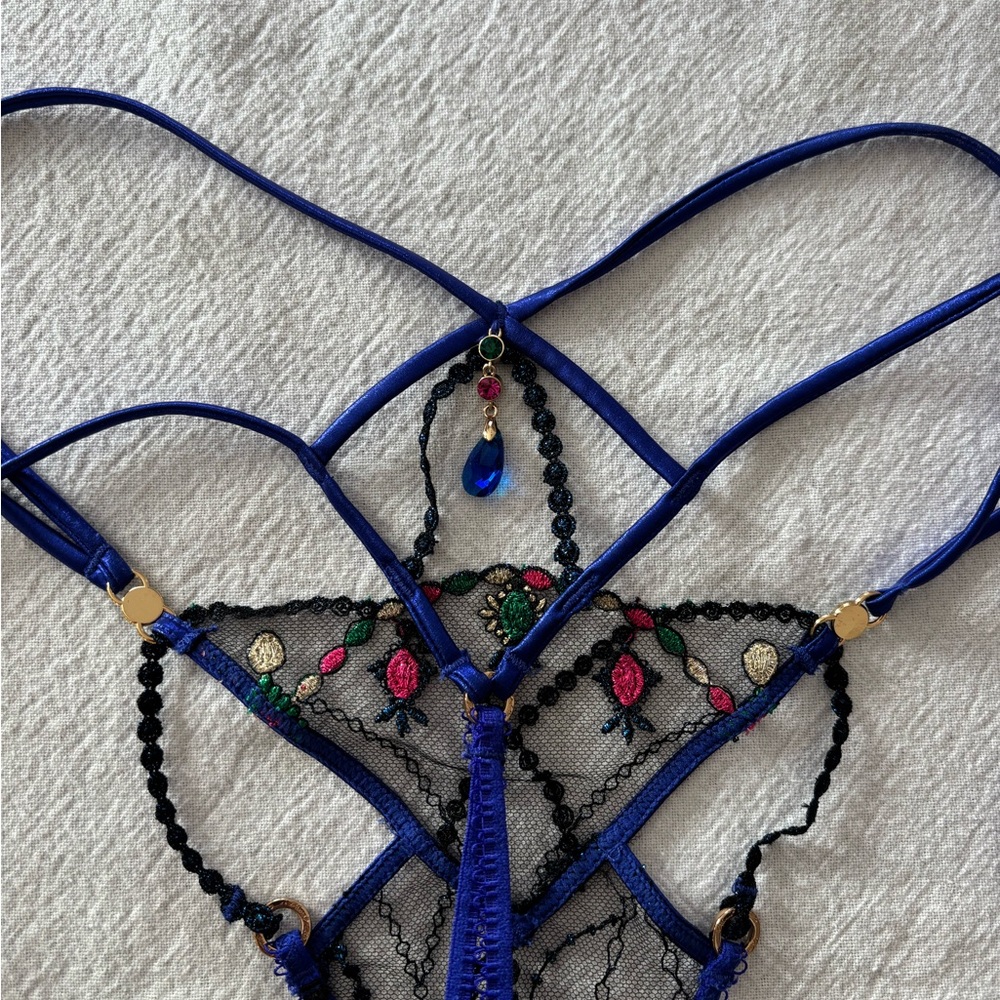 Honey Birdette Leah ! 34B , M, S, Black and Blue Embroidered Bra Set Christmas! - Picture 15 of 15